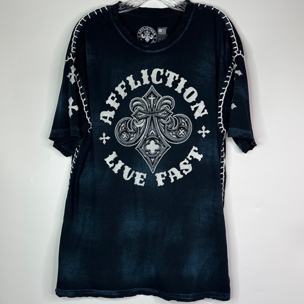 Affliction Live Fast Blue Graphic Embroidered Tshirt Size 2XL Y2K
